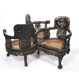RARE CARVED HARDWOOD AND MOTHER OF PEARL INLAID CONVERSATION SEAT QING DYNASTY, 19TH CENTURY inl;aid