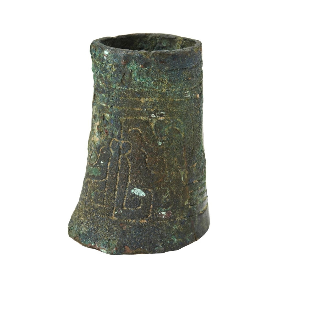 ARCHAIC BRONZE STAFF HANDLE WARRING STATES the sides engraved with taotie masks 5cm high  PROVENANCE