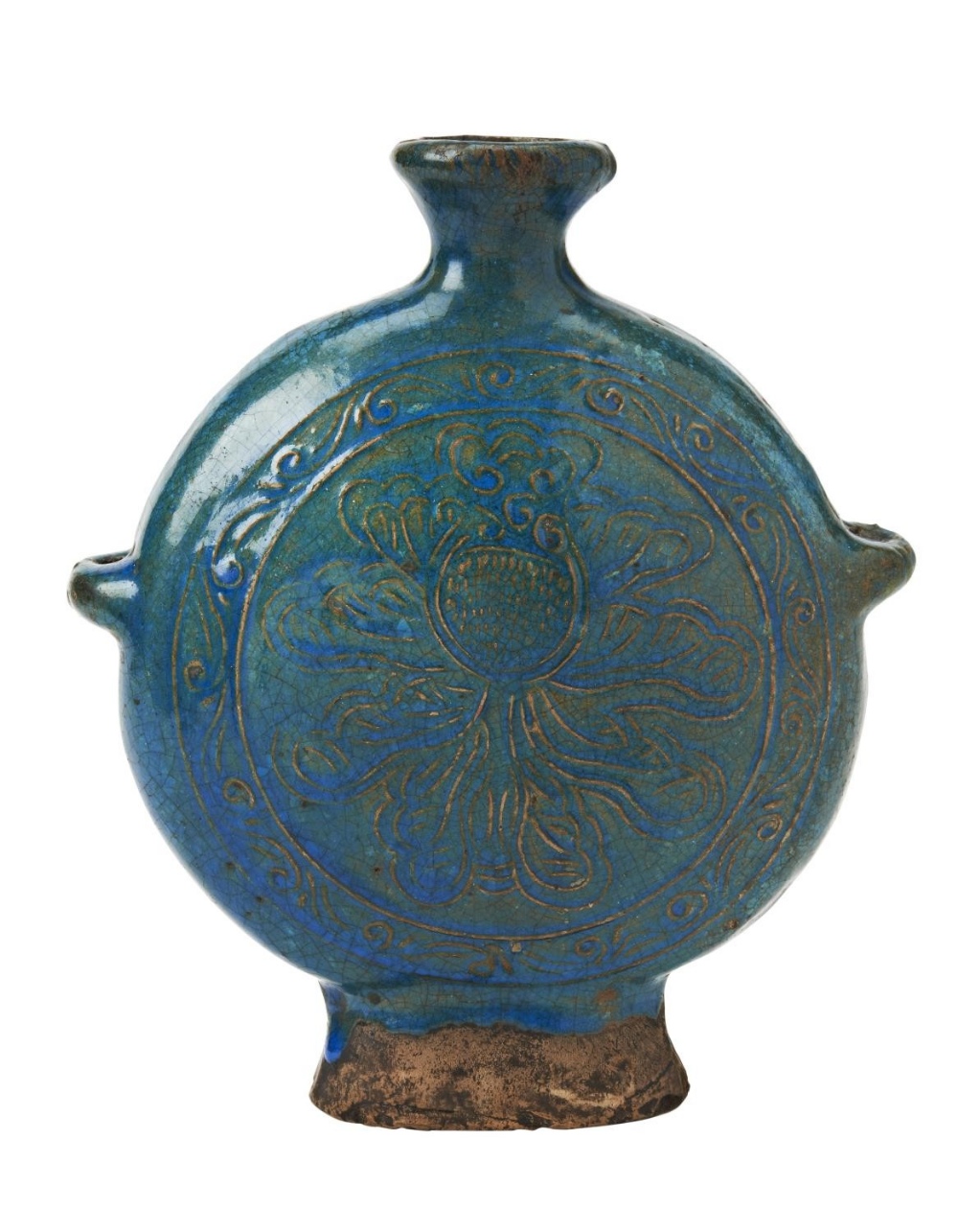 TURQUOISE-GLAZE 'LOTUS' MOONFLASK  MING DYNASTY, 16TH CENTURY the flatted ovoid sides covered in a r