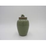 JAPANESE CELADON TEA CADDY EDO PERIOD sanda-yaki celadon tea caddy with unctuous green glaze covered