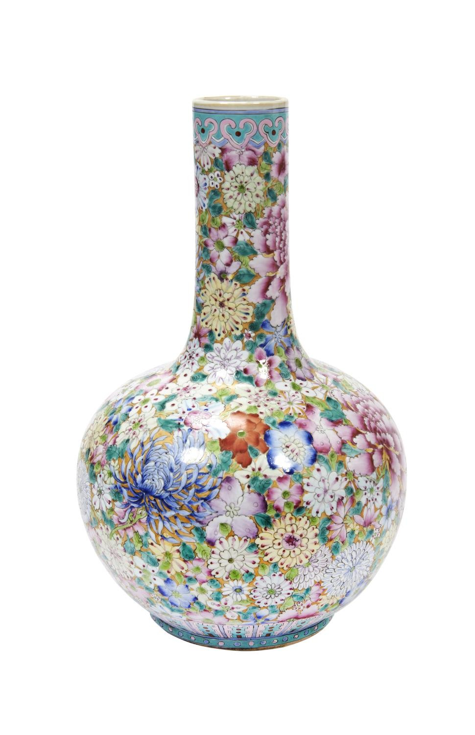 LARGE MILLEFLEUR BOTTLE VASE GUANGXU PERIOD the sides painted with a profusion of brightly coloured 
