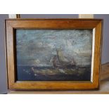MANNER OF JOHN MOORE OF IPSWICH (1820-1902) FISHING BOATS IN ROUGH SEAS oil on board, signed J