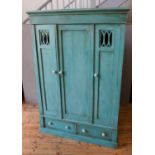 TEAL BLUE PAINTED 19th CENTURY CONTINENTAL PINE 2-DOOR WARDROBE with 2 drawers below and 2 glazed