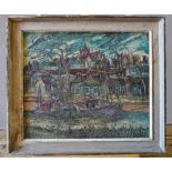 GEORGE HANN (1900-1979) BOATS IN A FISHING VILLAGE oil on board, signed lower right, framed 54cm