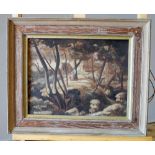 FOLLOWER OF PAUL NASH 'LOVERS IN A WOODLAND' oil on board, signed Paul Nash lower right, framed 28cm