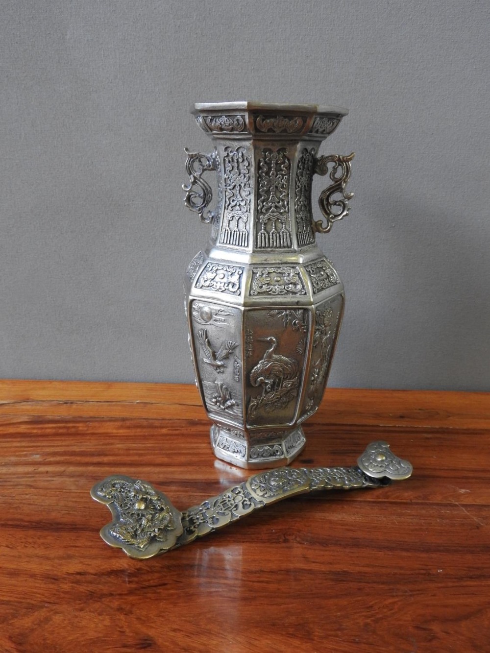 CHINESE SILVERED ALLOY HEXAGONAL VASE 20TH CENTURY with apocryphal Xuande mark, 23cm high; together 