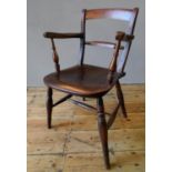 19th ELM OXFORD BACK CARVER CHAIR with stretcher bars supporting splayed turned legs (53cm wide,.
