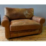 DISTRESSED TAN LEATHER SCROLL ARM LOVE SEAT (138cm wide, 80cm high, 94cm deep)