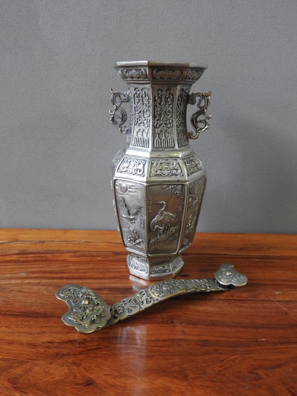 CHINESE SILVERED ALLOY HEXAGONAL VASE 20TH CENTURY with apocryphal Xuande mark, 23cm high; together  - Image 2 of 2