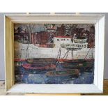 FLORENCE AUDRIE GIE (b.1922) DOCKLANDS - BARGES AND CRANES oil on board, signed lower left, framed