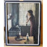 BRITISH SCHOOL (20TH CENTURY) FIGURE IN A KITCHEN oil on canvas, signed 43cm high, 34cm wide