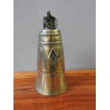 LARGE BRASS BELL  19TH CENTURY 27cm high; together with a SMALL INDIAN BRASS STAMP, 19TH CENTURY,