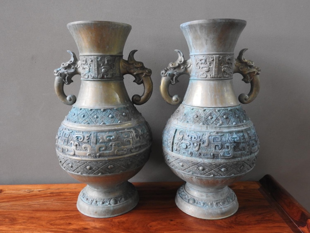 LARGE PAIR OF CHINESE BRONZE VASES 20TH CENTURY in the Archaic style 60cm high  - Image 2 of 2