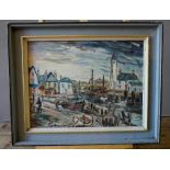 ATTRIBUTED TO GEORGE HANN (1900-1979) FISHING VILLAGE; oil on board, framed 50cm high, 67cm wide