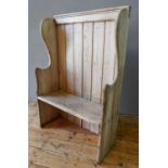 RUSTIC 19th CENTURY PINE NARROW SNUG SETTLE, (92cm wide, 138cm high, 36cm deep)