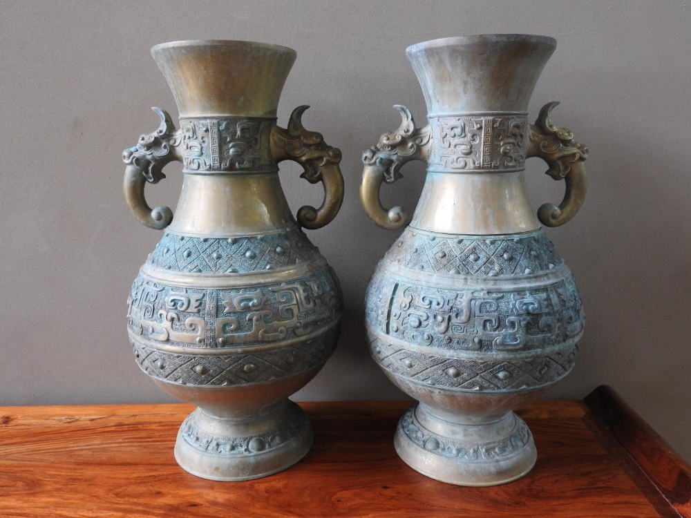 LARGE PAIR OF CHINESE BRONZE VASES 20TH CENTURY in the Archaic style 60cm high 