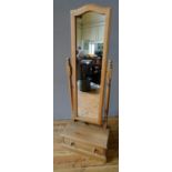 CONTEMPORARY PINE CHEVAL MIRROR WITH DRAWER (155 high, 55cm wide)