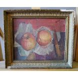 FLORENCE AUDRIE GIE (b.1922) STILL LIFE OF PEACHES oil on board, signed and dated 52, framed 21cm