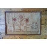 NAIVE PAINTING ON SILK EARLY 20TH CENTURY depicting a cat amongst sunflowers 39cm high, 60cm wide