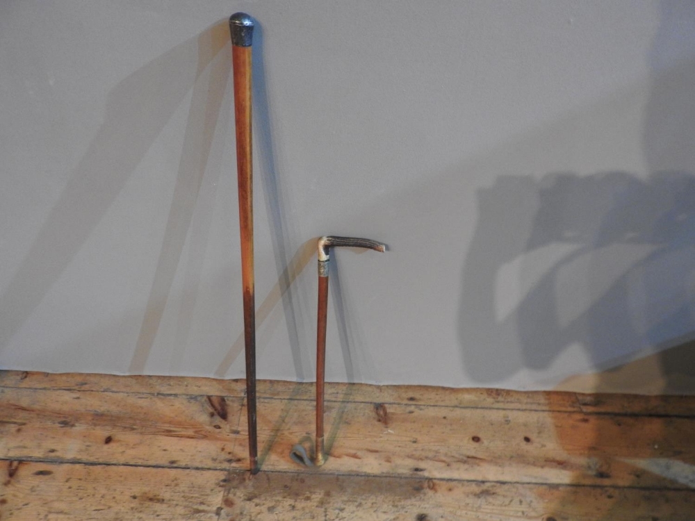 HALLMARK SILVER TOP WALKING CANE AND A WHITE METAL MOUNTED RIDING CROP 