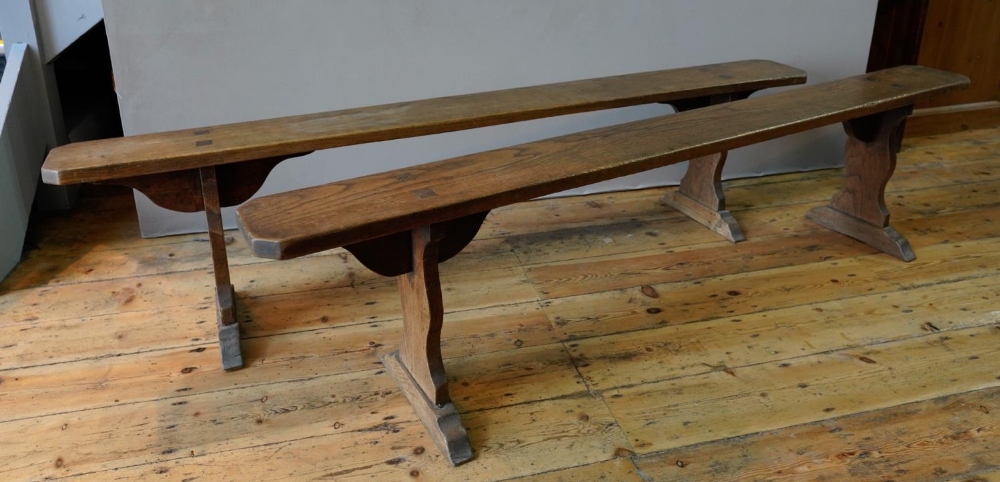 PAIR OF FRENCH 19th CENTURY OAK FARMHOUSE BENCHES, 200cm long, 21cm wide, 43cm high) 