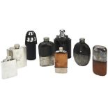 A VICTORIAN LEATHER AND PEWTER COVERED GLASS HIP-FLASK even other flasks; various ages (8)