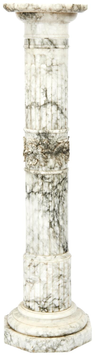 A LATE 19TH CENTURY ALABASTER SECTIONAL COLUMN with fluted sections and a grape and vine collar, all