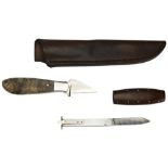 A GEOFF HAGUE PARING KNIFE with wooden handle and associated leather sheath, and a Geoff Hague, '