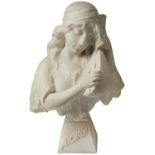 R. LUSSILI MIGNON CIRCA 1900 a continental marble bust of a maiden holding a mandolin, signed verso,