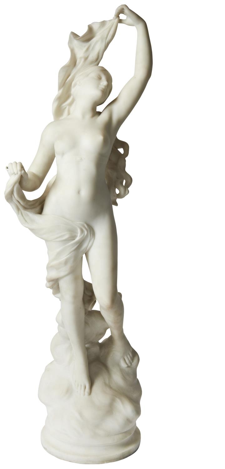 BENOÎT LUCIEN HERCULE A MARBLE SCULPTURE OF A NYMPH her arm aloft; signed 'B L Hercule', with square