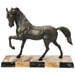 MANNER OF CHARLES VALTON A FRENCH PATINATED SPELTER FIGURE OF A HORSE on a multi-coloured veneered