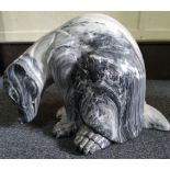 A CONTEMPORARY GREY-VEINED MARBLE SCULPTURE OF A STYLISED BADGER 40 cm x 58 cm