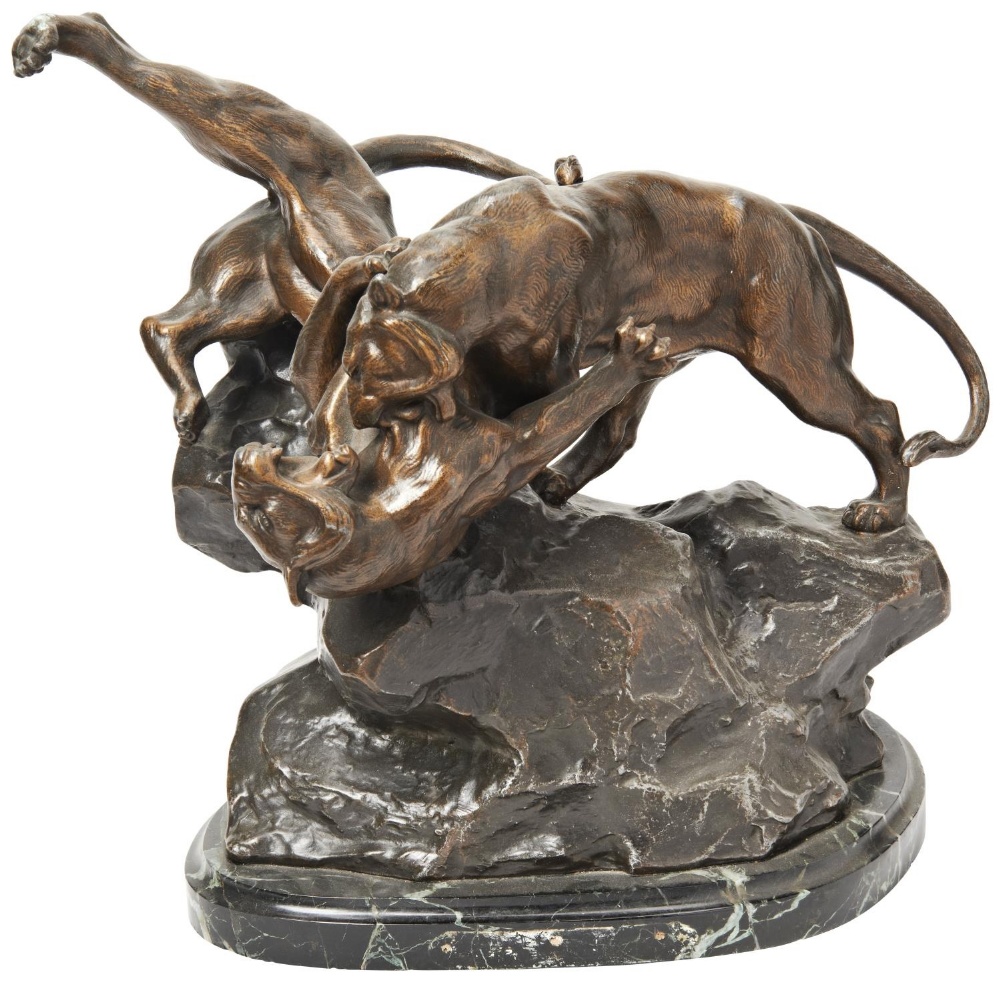 AFTER PAUL LEMOYNE COMBAT DE TIGRES EARLY 20TH CENTURY patinated spelter, signed Lemoyne, France, on