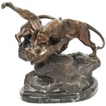 AFTER PAUL LEMOYNE COMBAT DE TIGRES EARLY 20TH CENTURY patinated spelter, signed Lemoyne, France, on