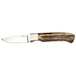 A SMALL GEOFF HAGUE FIXED BLADE KNIFE the antler handle with yellow metal pins, the guard initialled