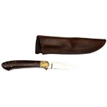 A GEOFF HAGUE FIXED BLADE KNIFE the wooden handle with a finely decorated guard in engraved yellow