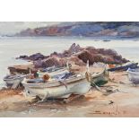 JOSEP SARQUELLA (SPANISH 1928-2000) FISHING BOATS signed and dated 81', oil on canvas, framed 39cm