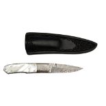 AN EXQUISITE GEOFF HAGUE FIXED BLADE KNIFE the Damascus blade with acid-cut guard and mother of