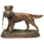 AFTER JULES MOIGNIEZ EPAGNEULA L'ARRÊT a large patinated spelter sculpture of a retriever with a