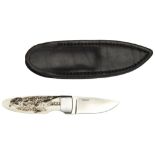 A FINE GEOFF HAGUE FIXED BLADE KNIFE the mammoth ivory handle finely engraved with a bird of prey