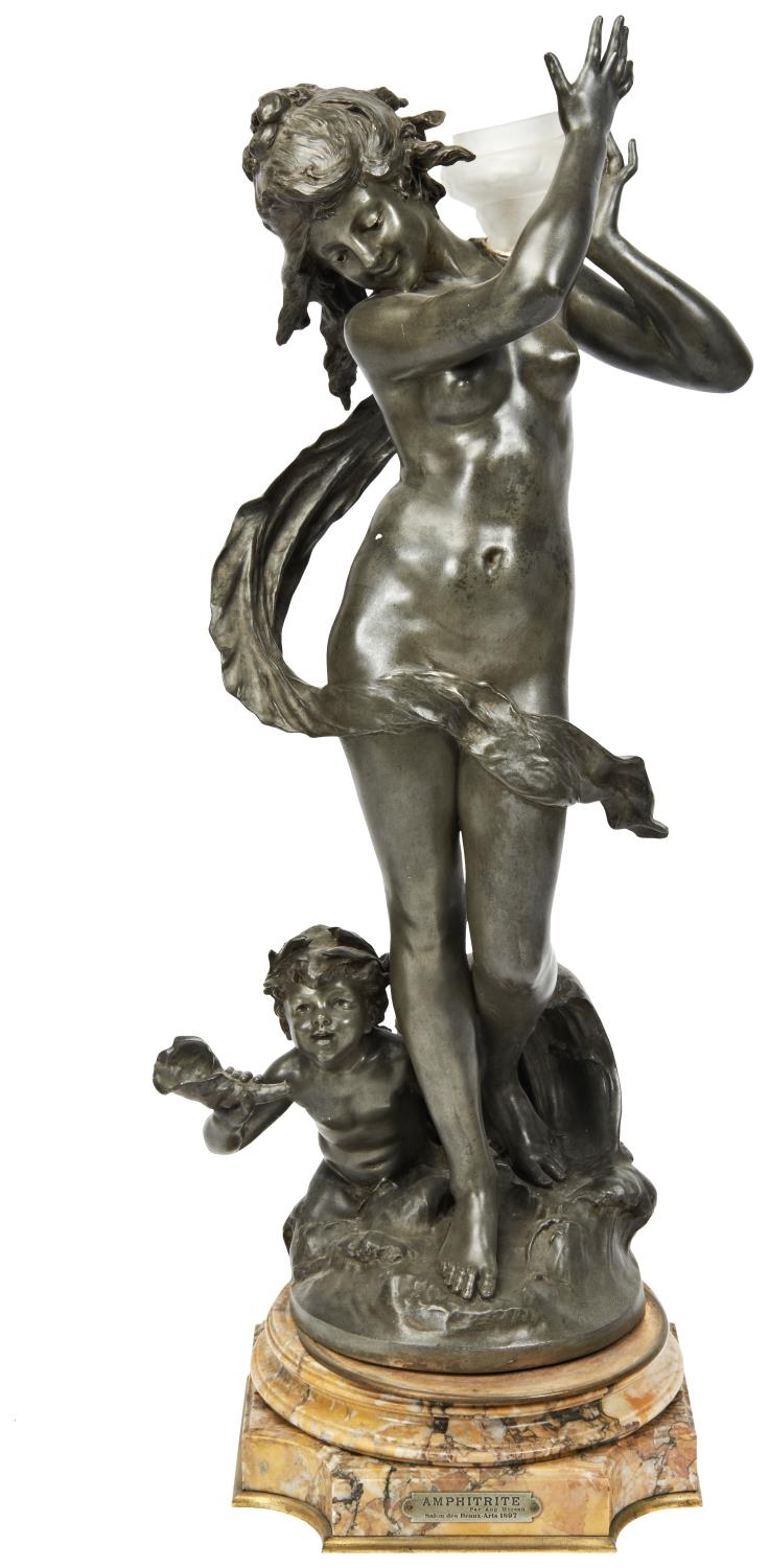 AFTER AUGUST MOREAU AMPHITRITE a large spelter figural lamp, mounted on a shaped ?Sienna? marble