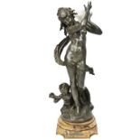 AFTER AUGUST MOREAU AMPHITRITE a large spelter figural lamp, mounted on a shaped ?Sienna? marble