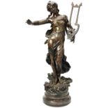 AFTER AUGUSTE MOREAU GENIE DE LA MUSIQUE a large patinated spelter figure with integral socle base