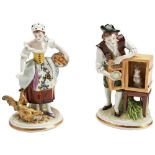 A PAIR OF SMALL SITZENDORF FIGURES of a couple feeding hens and a rabbit, a small bucolic figure