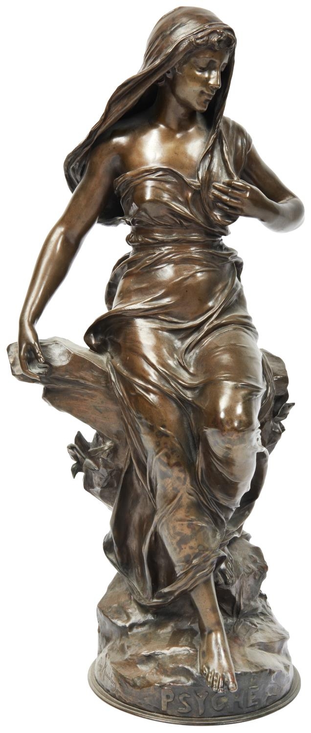 AFTER EUGÈNE MARIOTON PHSYCHE a large figural patinated bronze, signed 'Eug. Marioton', and entitled - Image 3 of 3