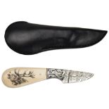 AN EXQUISITE GEOFF HAGUE FIXED BLADE PARING KNIFE the mammoth ivory handle engraved with a stag