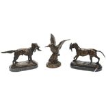 A MODERN BRONZE OF A HUNTING DOG with a game bird in its mouth, another similar and a modern