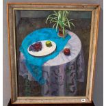 STILL LIFE OIL PAINTING ON CANVAS OF HOUSE PLANT AND FRUIT ON TABLE, inscribed on reverse Susan