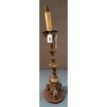 AN 18TH CENTURY CARVED WOOD AND GESSO SILVER LEAF CANDLESTICK, converted to electricity 44 cm high