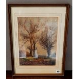 WATERCOLOUR OF TREE LINED RURAL COUNTRY LANE, signed A. ELKINS 34.5cm x 26cm